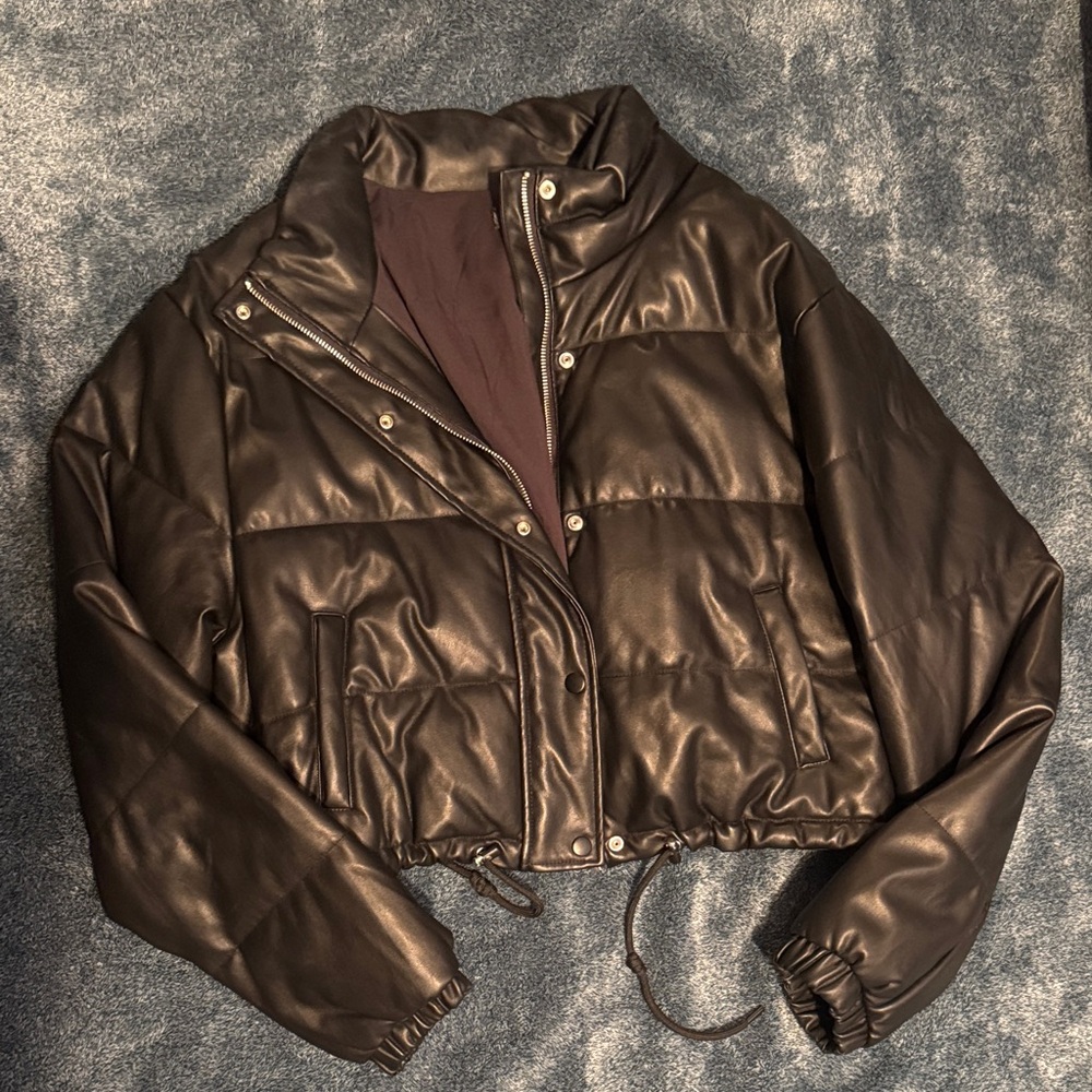 Women's Black Puffer Jacket - Faux Leather Cropped Coat